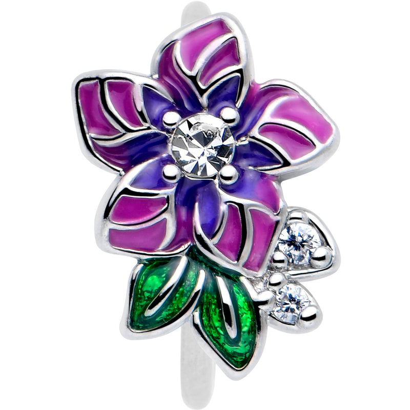 20G 5/16 Clear CZ Gem Flower Purple Nose Hoop