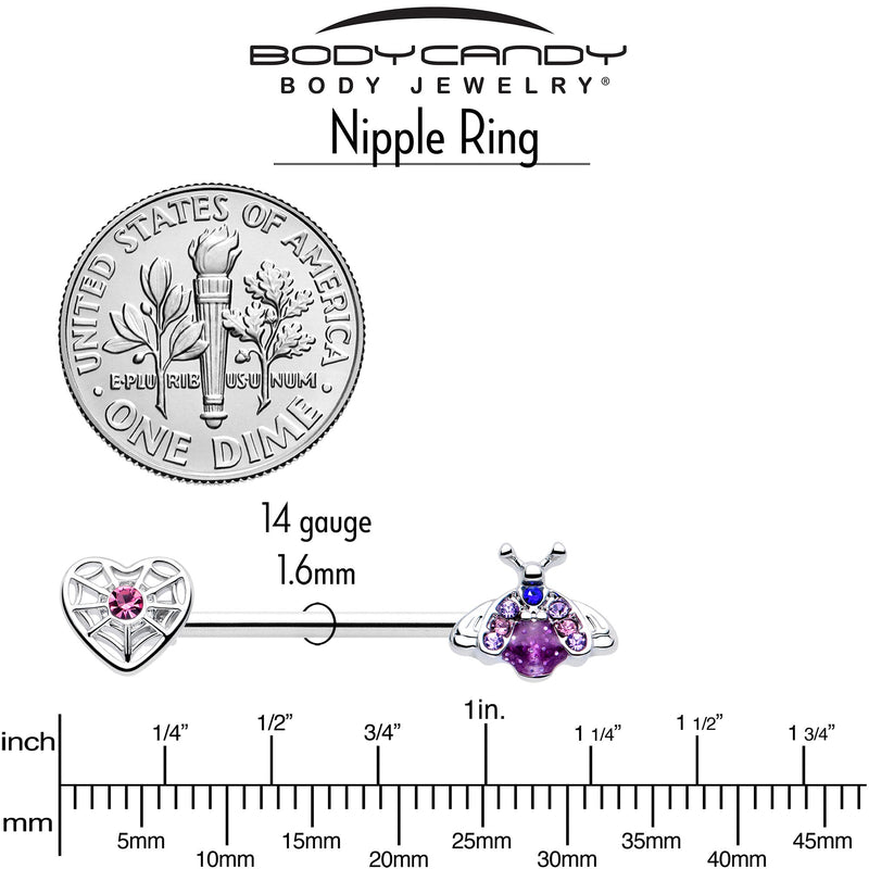 14G 9/16 Pink Blue Gem Spiderweb Heart Insect Barbell Nipple Ring Set