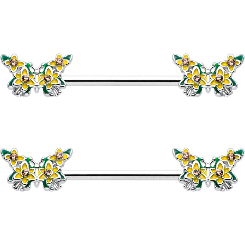 14G 9/16 Yellow CZ Gem Blooming Butterfly Barbell Nipple Ring Set
