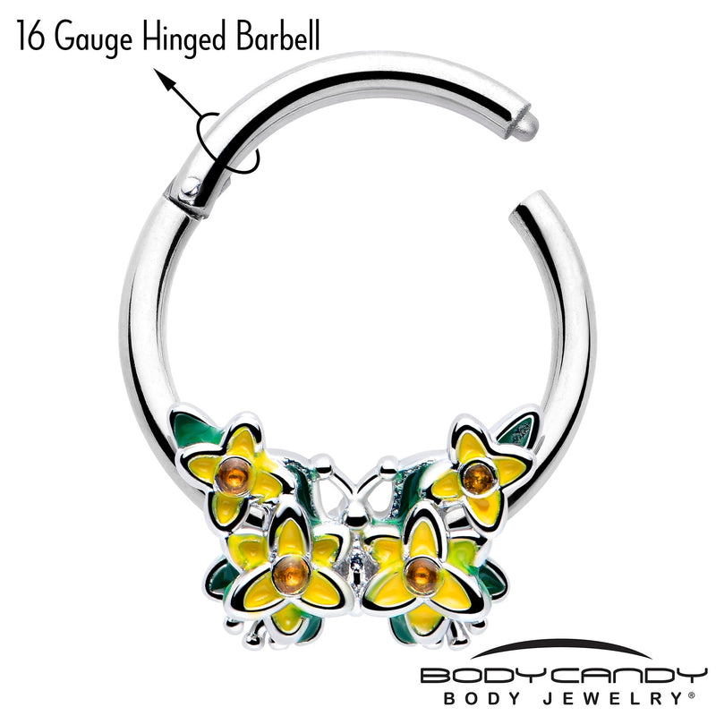 16G 3/8 Yellow CZ Gem Blooming Butterfly Hinged Segment Ring