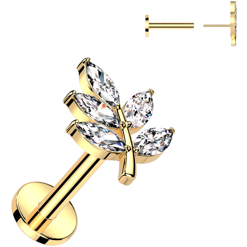 Gold Tone Surgical Steel Flat Back Earring - 18G With Cubic Zirconia Leaves