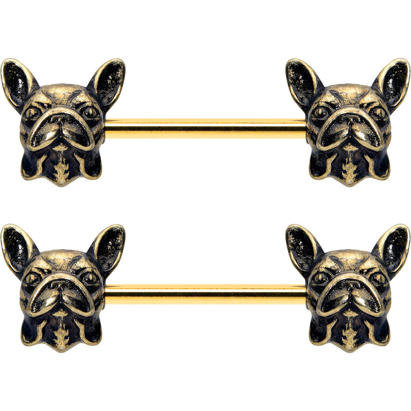 14G 5/8 Gold Tone Anodized French Bulldog Barbell Nipple Ring Set