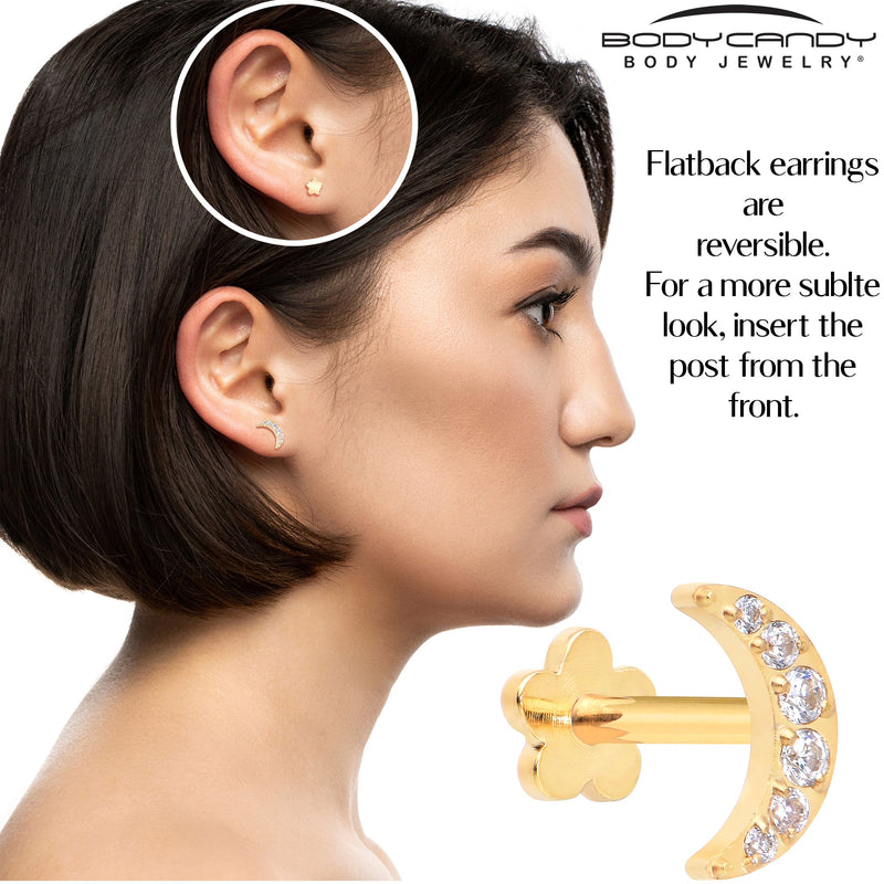 Titanium Flat Back Earring Gem Crescent Moon - 18G Threadless Reversible