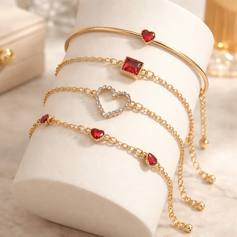 4pcs Rhinestone Alloy Bracelet Set – Minimalist Heart & Square Design