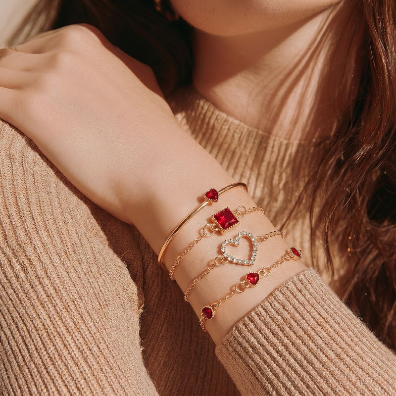 4pcs Rhinestone Alloy Bracelet Set – Minimalist Heart & Square Design