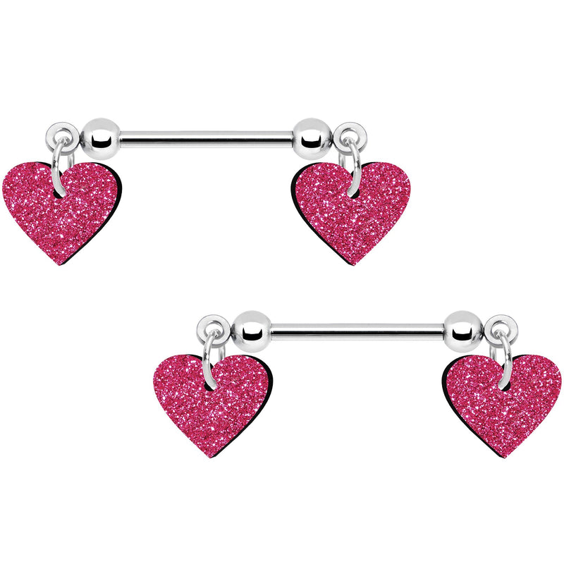 Pink Glitter Heart Nipple Ring Set