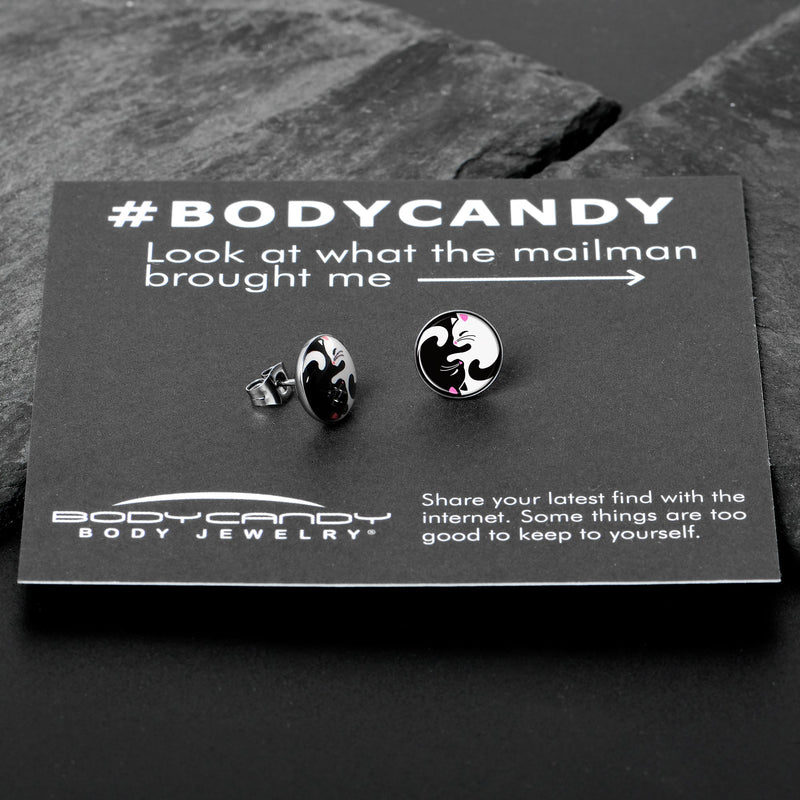 Cute Kitty Cat Yin Yang Stud Earrings by Onyx O