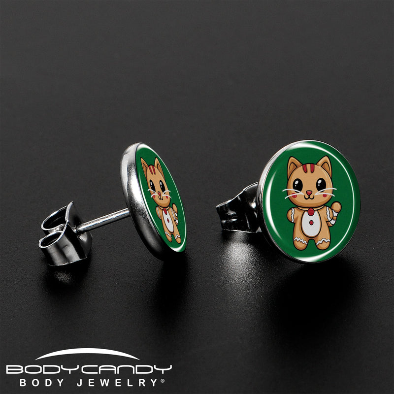 Christmas Holiday Gingerbrread Kitty Cat Stud Earrings by Onyx O