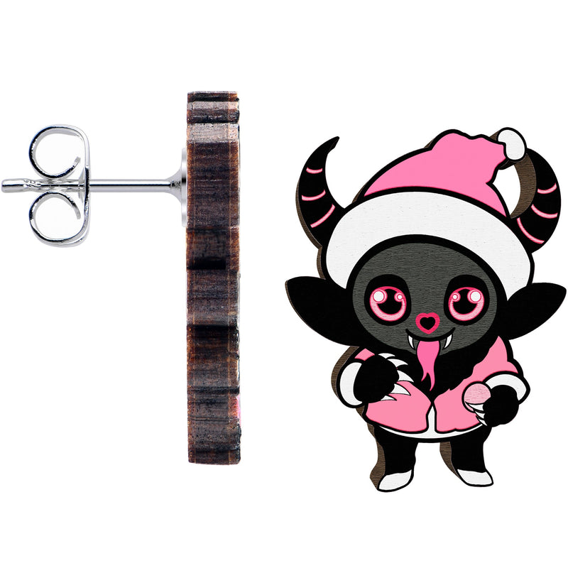 Handmade Wooden Krampus Cutie Holiday Christmas Stud Earrings by Onyx O