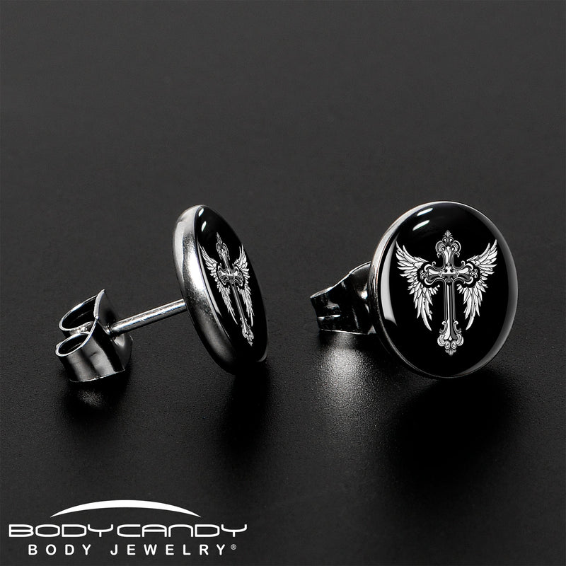 Black White Winged Cross Stud Earrings by Onyx O