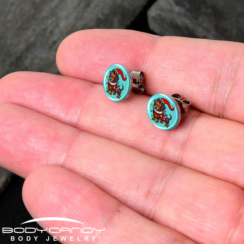 Christmas Holiday Weiner Dog Stud Earrings by Onyx O