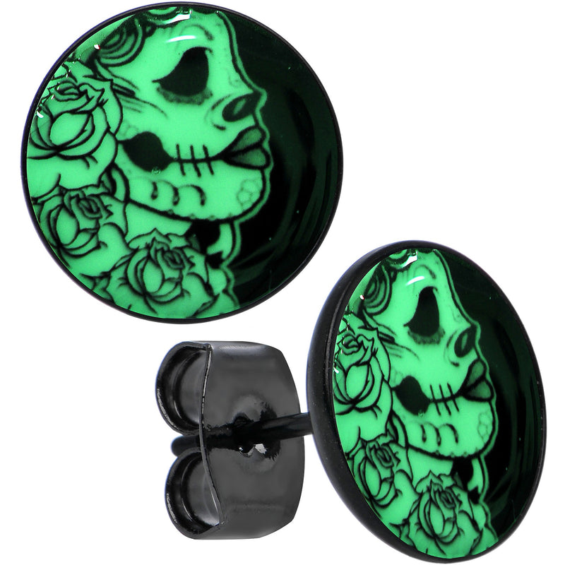 Black Anodized Gothic Rose Flower Skull Glow in the Dark Stud Earrings