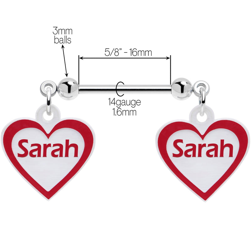 Custom Red White Heart Double Personalized Name Dangle Nipple Ring Set