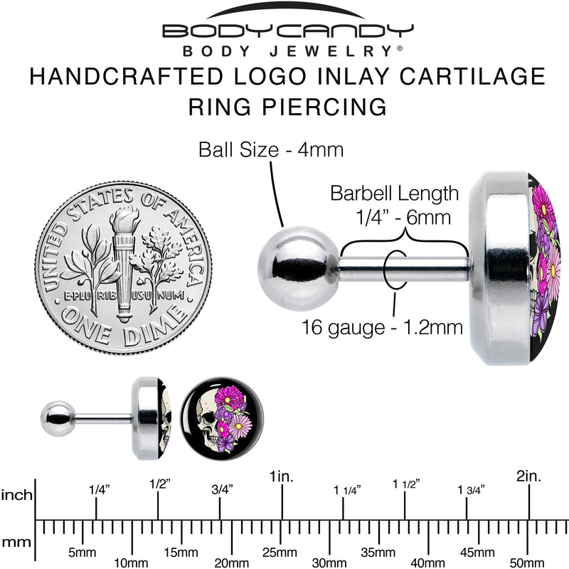 16G 1/4 Floral Flowers Skull Cartilage Tragus Earring by Onyx O