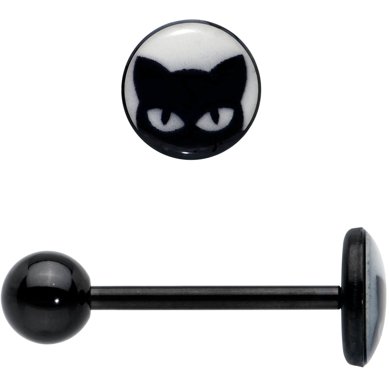 Glow in the Dark Black Anodized Peeking Black Cat Barbell Tongue Ring by Onyx O