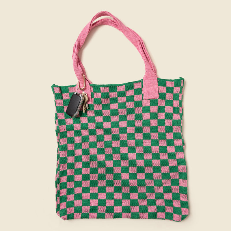 Pink and Green Checkered Tote Bag - Washable Cotton Knit with Key Ring