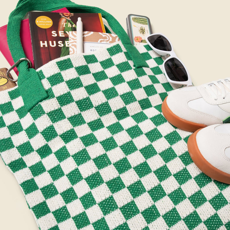 Green Checkered Tote Bag - Washable Cotton Knit with Key Ring
