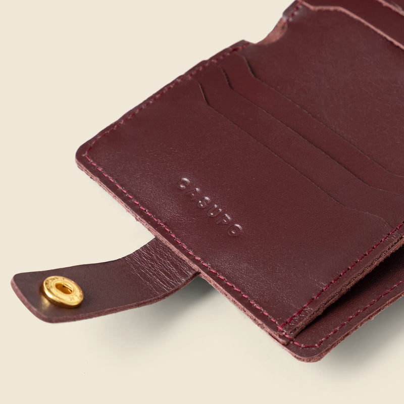 Leather Bifold Wallet with Snap & Key Ring - Burgundy