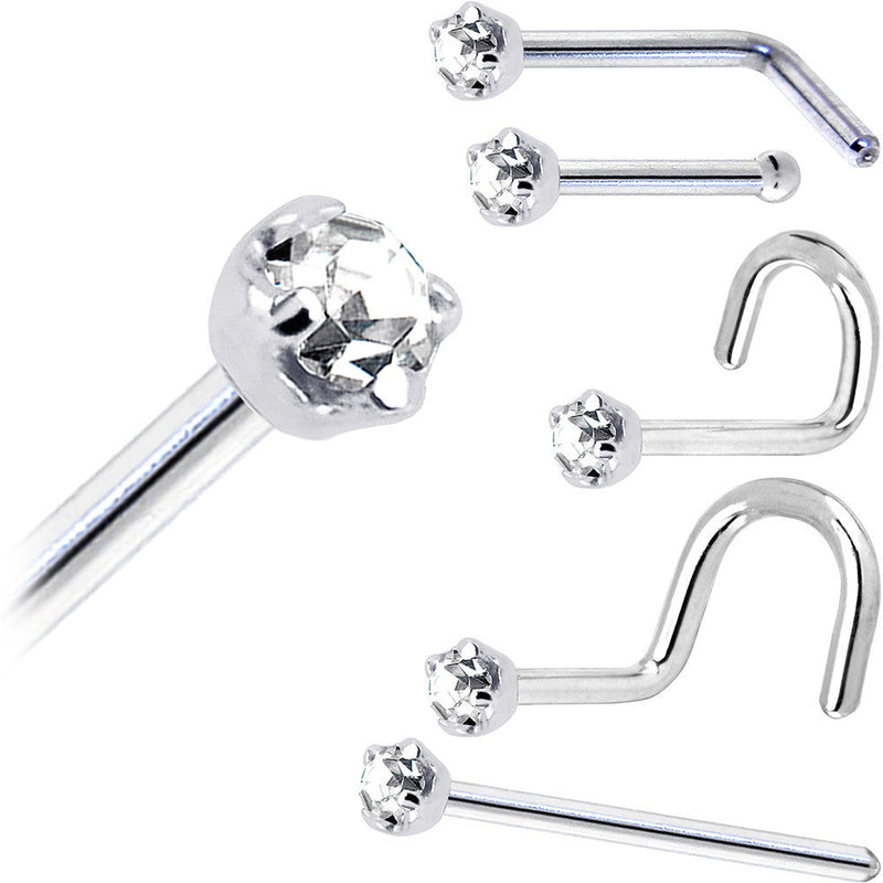 Solid 14K White Gold 2mm Clear Cubic Zirconia Nose Ring