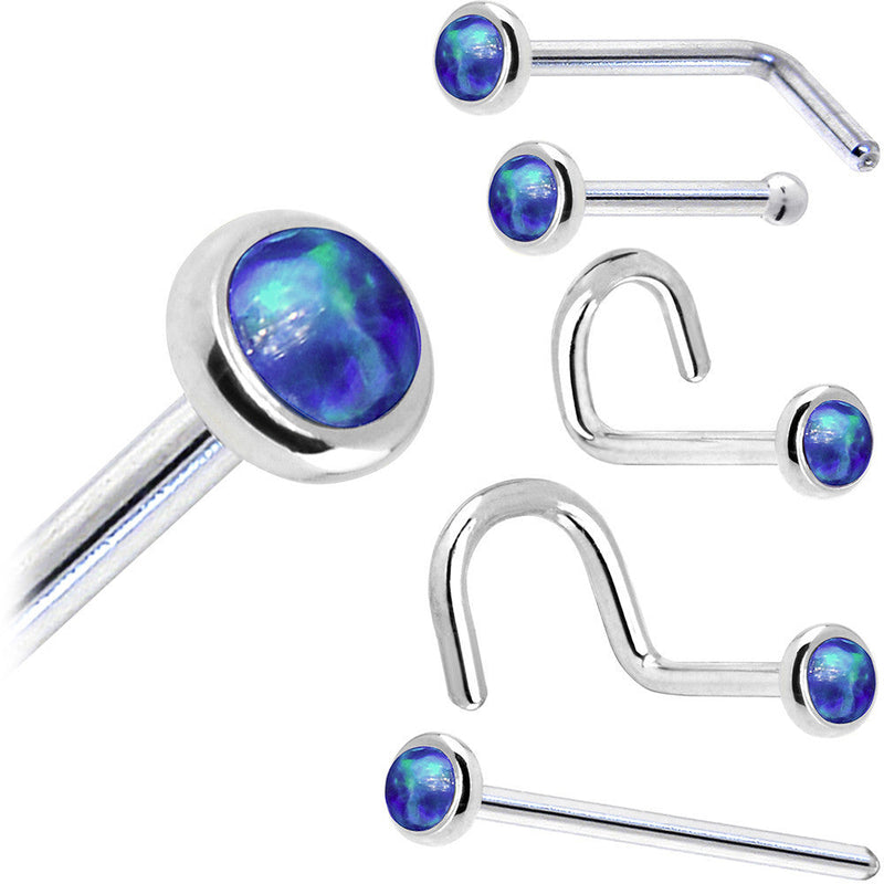Solid 14K White Gold 2mm Dark Blue Synthetic Opal Nose Ring