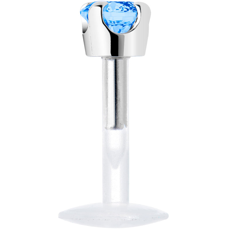 16G 1/4 Solid 14K White Gold 3mm Plexi Blue Cubic Zirconia Bioplast Tragus Earring Stud