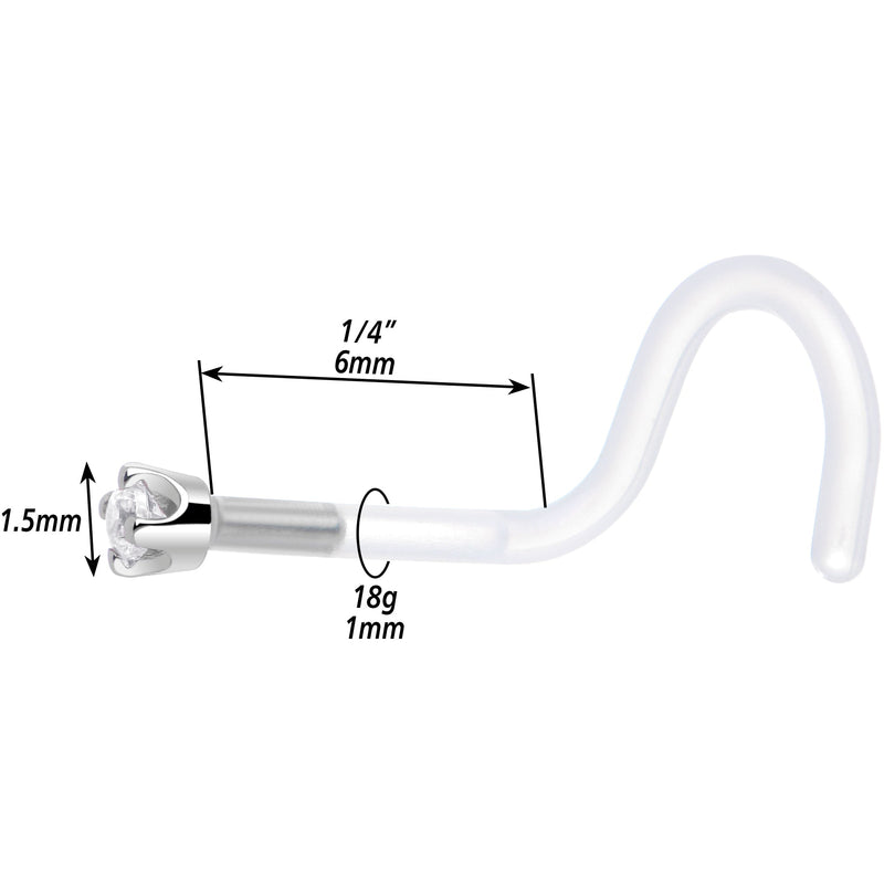18G 1/4 White Gold 1.5mm Clear Cubic Zirconia Bioplast Nose Ring