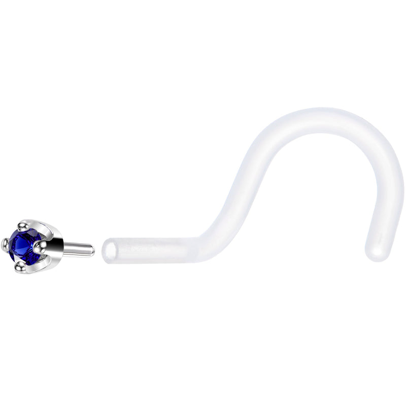 18G 1/4 White Gold 1.5mm Blue Cubic Zirconia Bioplast Nose Ring