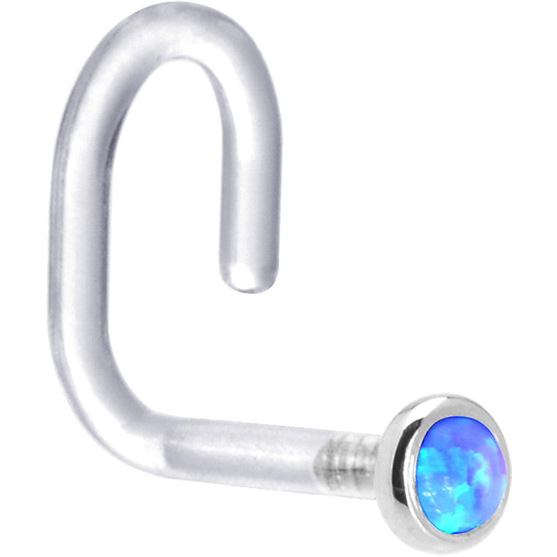 18G 1/4 White Gold 2mm Blue Synthetic Opal Bioplast Nose Ring