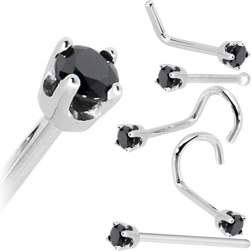Solid 14K White Gold 2mm Black Cubic Zirconia Nose Ring