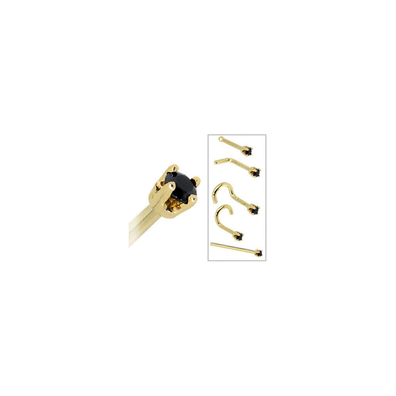 Solid 14K Yellow Gold 2mm Black Cubic Zirconia Nose Ring