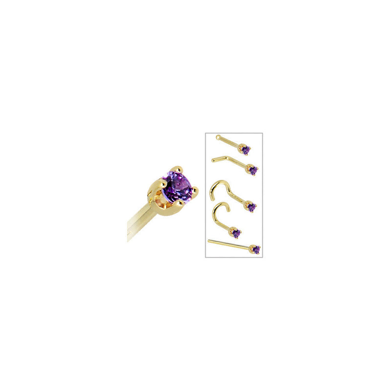 Solid 14K Yellow Gold 2mm Amethyst Cubic Zirconia Nose Ring