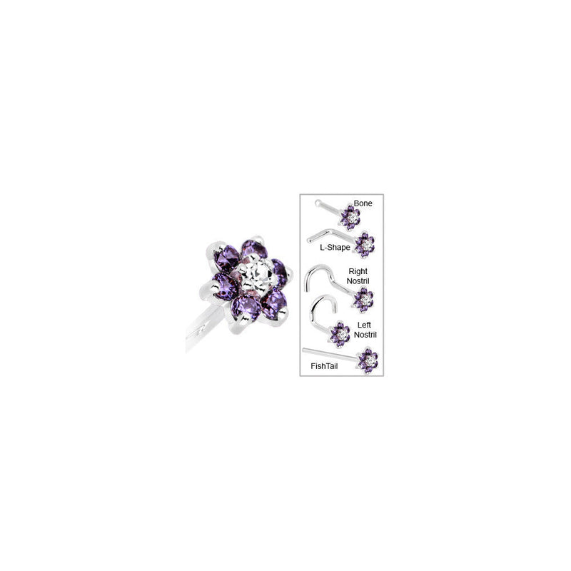 Solid 14K White Gold Amethyst and Clear Cubic Zirconia Flower Nose Ring
