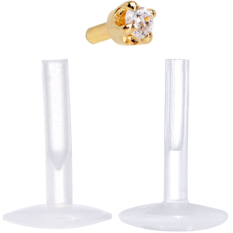16G 1/4 Solid 14K Yellow Gold 1.5mm CZ Bioplast Push in Cartilage Earring