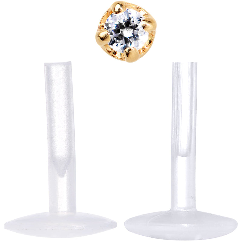 16G 1/4 Solid 14K Yellow Gold 1.5mm CZ Bioplast Push in Cartilage Earring