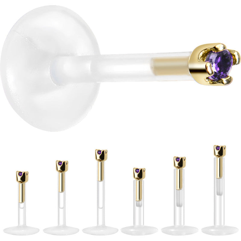 Solid 14K Yellow Gold February 1.5mm CZ Bioplast Push in Labret Monroe