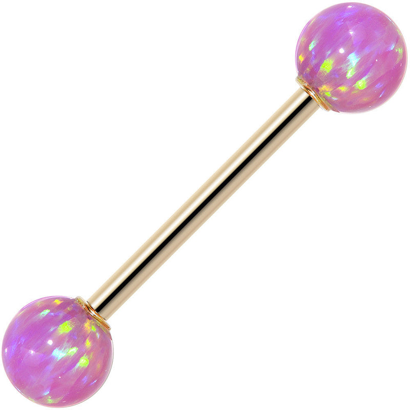 14k Yellow Gold 6mm Pink Synthetic Opal Barbell Tongue Ring 14G 5/8