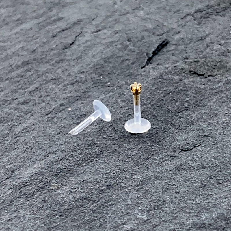 16G 1/4 Solid 14K Yellow Gold 1.5mm CZ Bioplast Push in Cartilage Earring