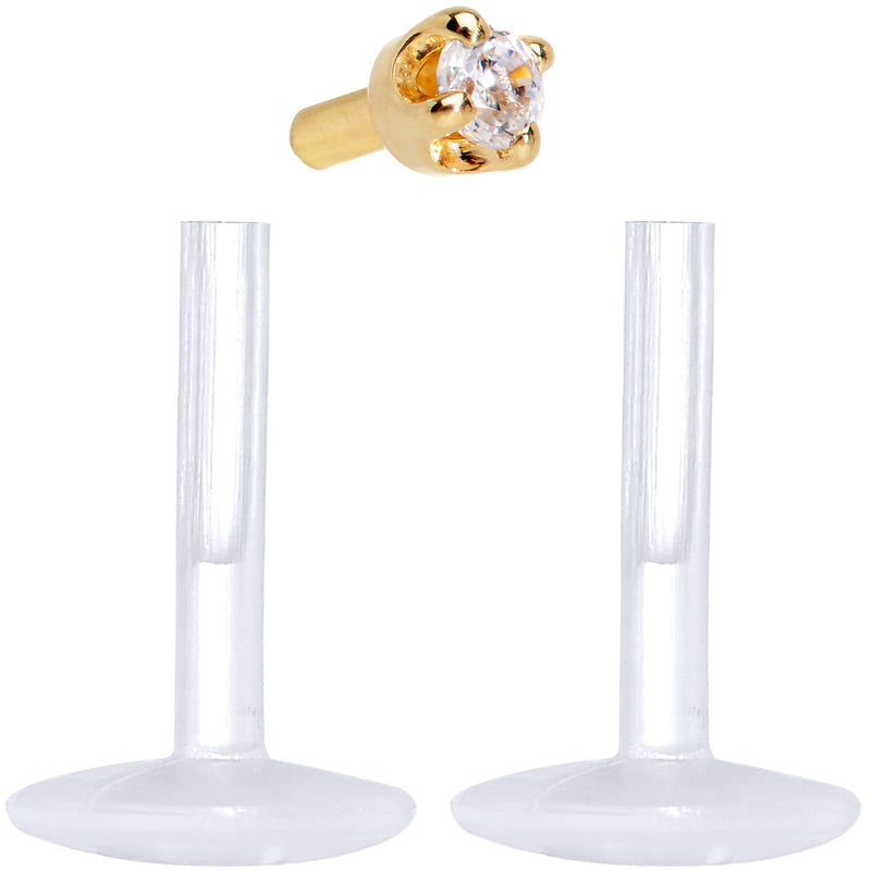 16G 1/4 Solid 14K Yellow Gold 1.5mm CZ Bioplast Push in Cartilage Earring
