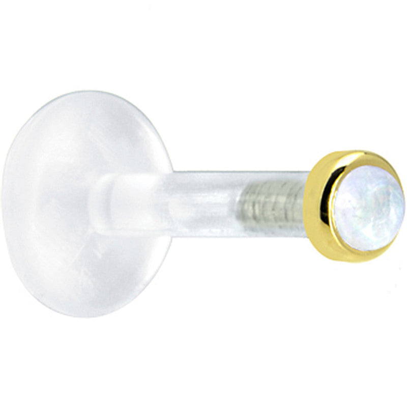 Solid 14K Yellow Gold 2mm Genuine Rainbow Moonstone Bioplast Push in Labret