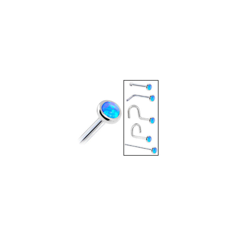 Solid 14K White Gold 2mm Blue Synthetic Opal Nose Ring