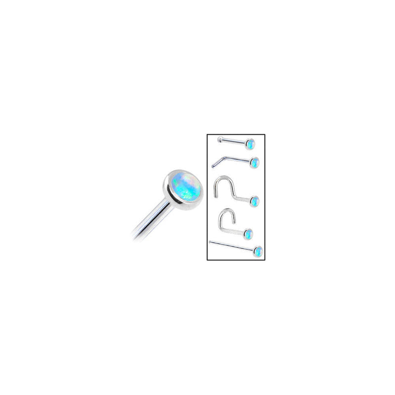 Solid 14K White Gold 2mm Light Blue Synthetic Opal Nose Ring