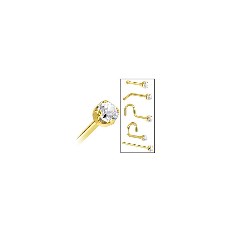 Solid 14K Yellow Gold 2mm Clear Cubic Zirconia Nose Ring