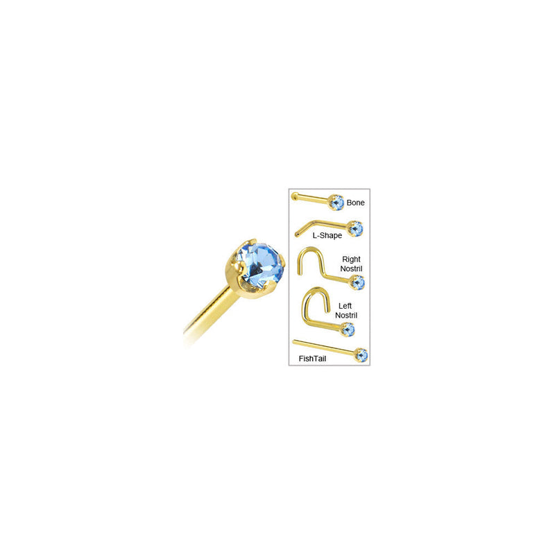 Solid 14K Yellow Gold 2mm Light Blue Cubic Zirconia Nose Ring