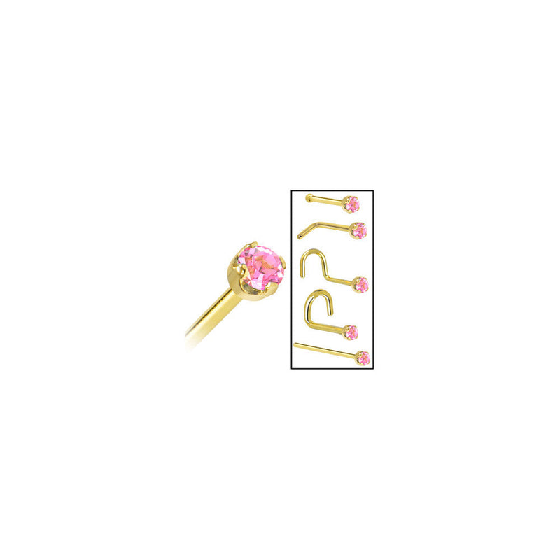 Solid 14K Yellow Gold 2mm Pink Cubic Zirconia Nose Ring