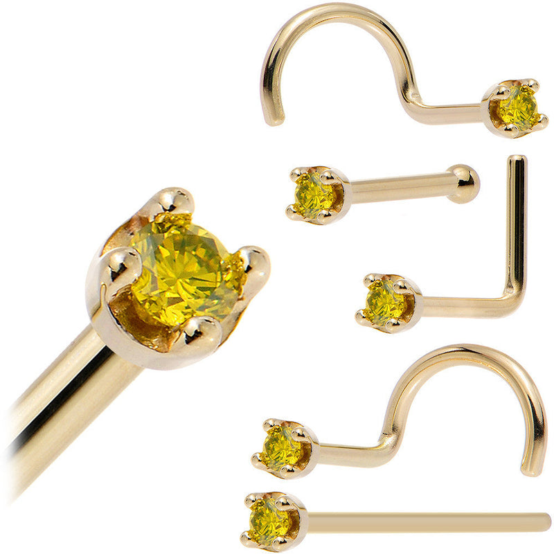Solid 14K Yellow Gold 1.5mm Genuine Yellow Diamond Nose Ring