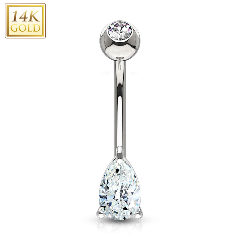 14k Solid White Gold 6mm CZ Deluxe Tear Drop Belly Ring