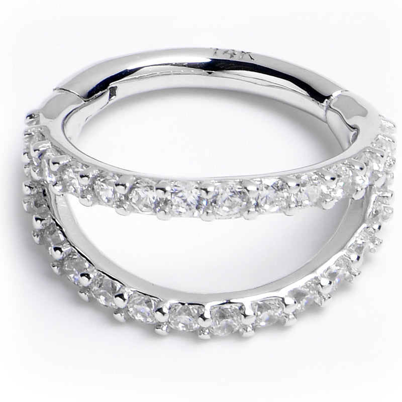 16G 5/16 Solid 14K White Gold Clear CZ Gem Hinged Segment Ring