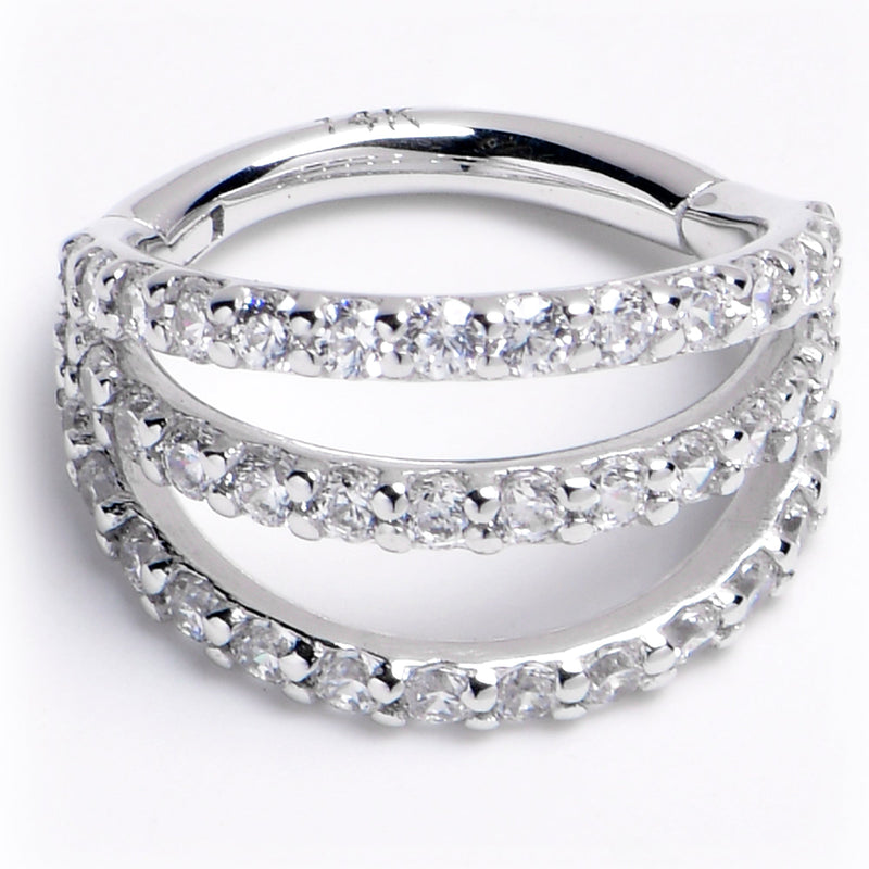16G 5/16 Solid 14K White Gold Clear CZ Gem Row Hinged Segment Ring