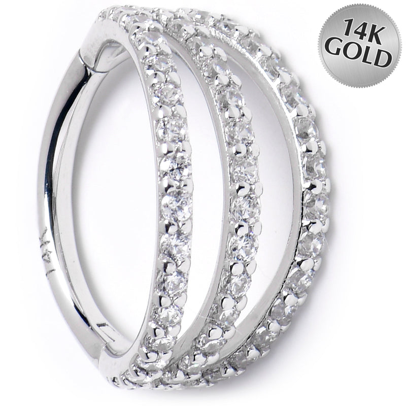 16G 3/8 Solid 14K White Gold Clear CZ Gem Row Hinged Segment Ring