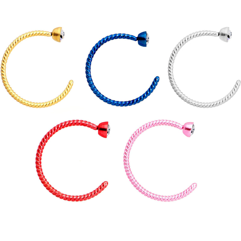 20G 5/16 Clear Gem Multicolor Pack Set of 5 Twisted Nose Hoop Rings